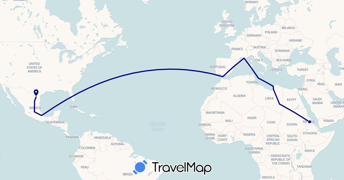 TravelMap itinerary: driving in France, Gibraltar, Italy, Libya, Mexico, United States (Africa, Europe, North America)